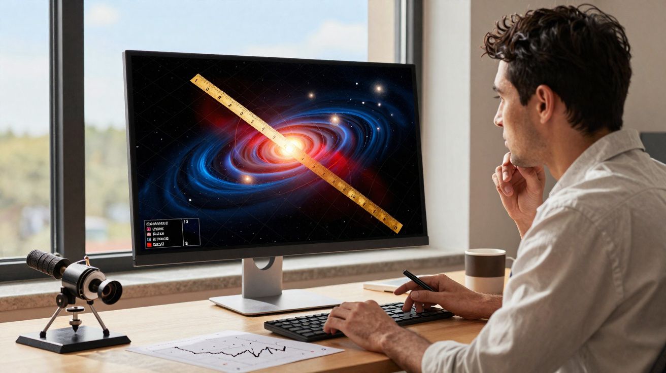 Homem a medir imagem de galáxia com régua digital numa secretária junto a telescópio e gráficos.