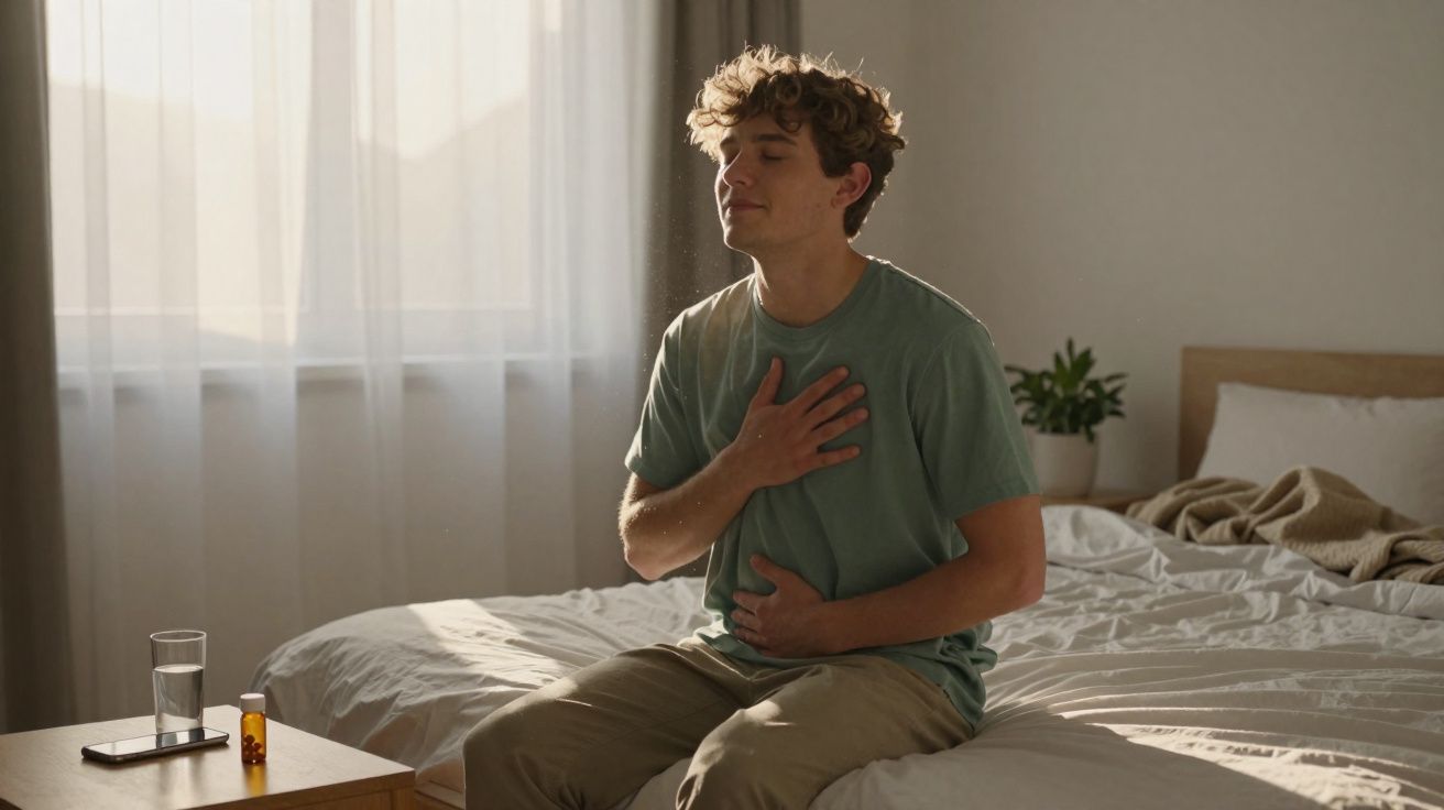 Homem sentado na cama com olhos fechados, segurando o peito e o estômago, aparentando desconforto.