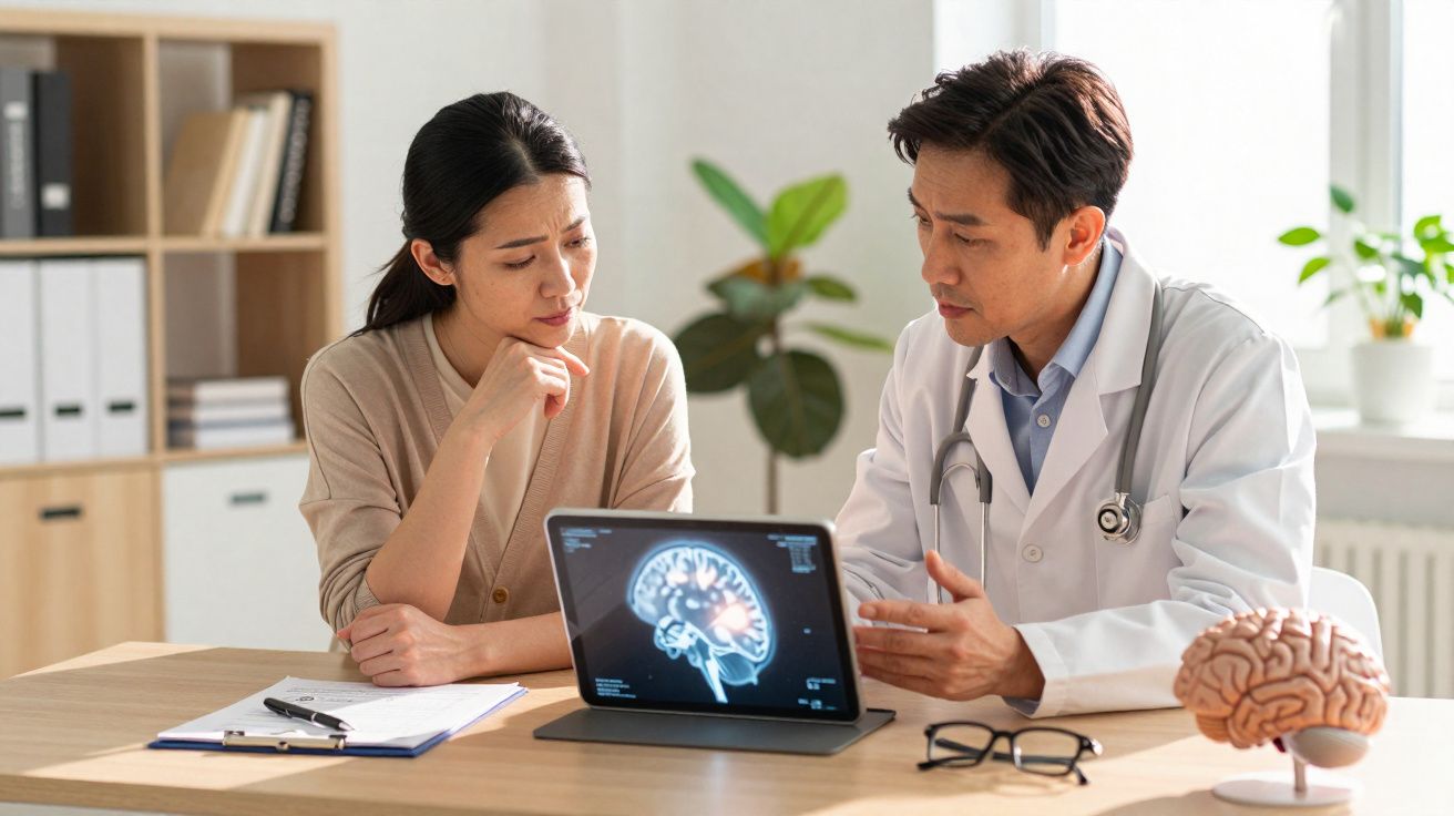 Médico a explicar exame cerebral a paciente mulher numa consulta num consultório iluminado.