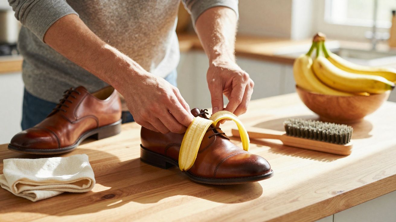 Pessoa a colocar uma banana descascada dentro de um sapato de pele castanho numa cozinha.