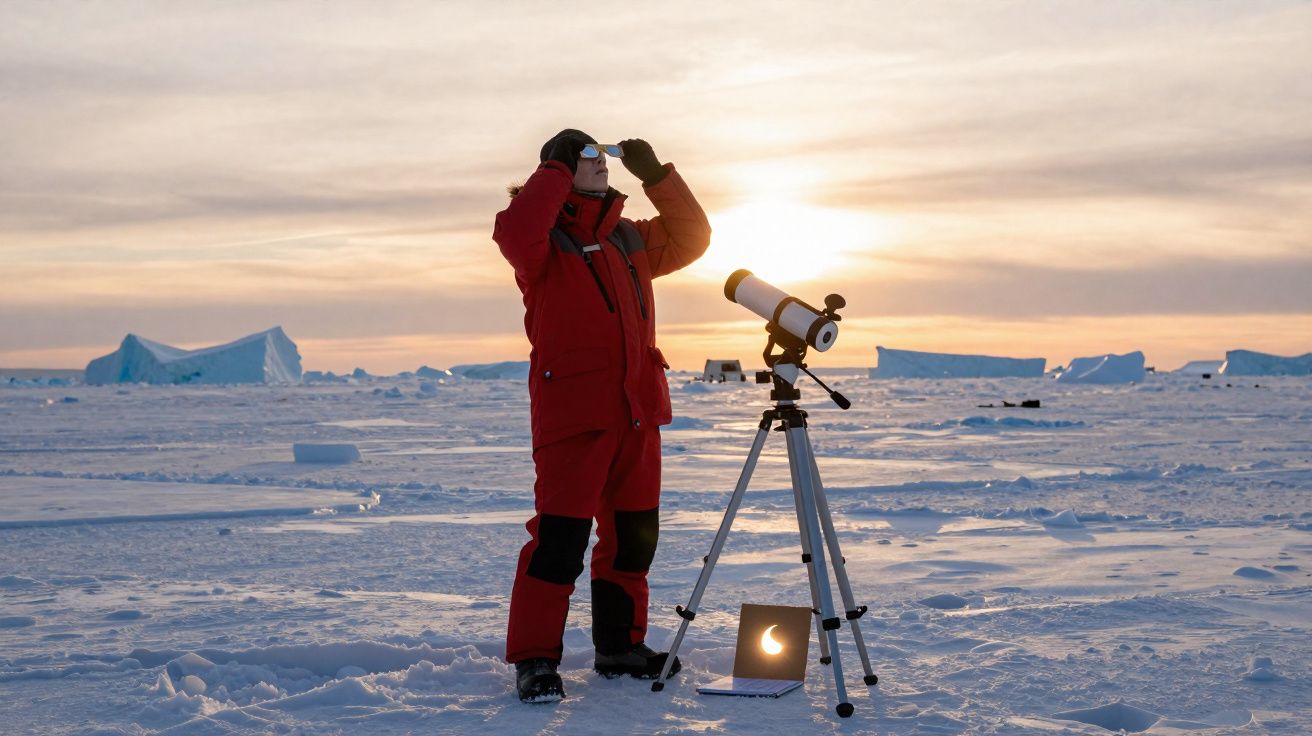 Pessoa em roupa vermelha observa eclipse solar com óculos especiais na paisagem gelada com tripé e telescópio.