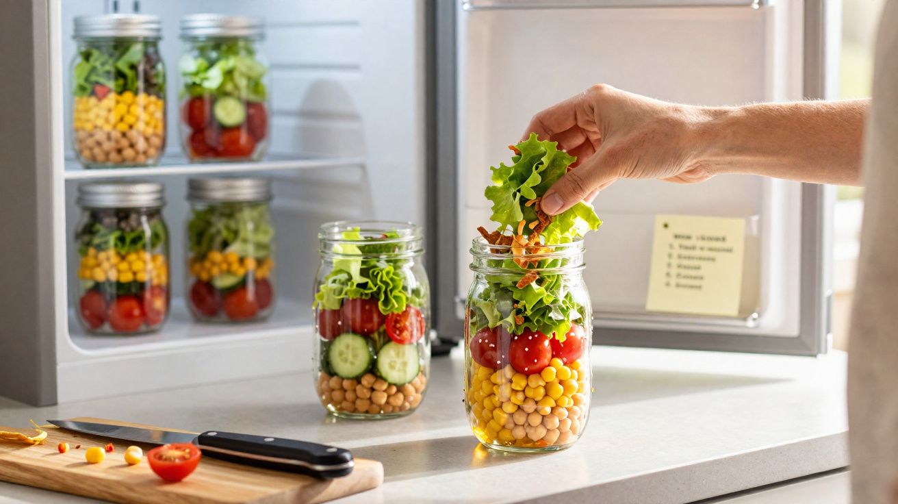 Pessoa a preparar salada em frascos com grão, milho, tomate, pepino e alface perto de frigorífico aberto.
