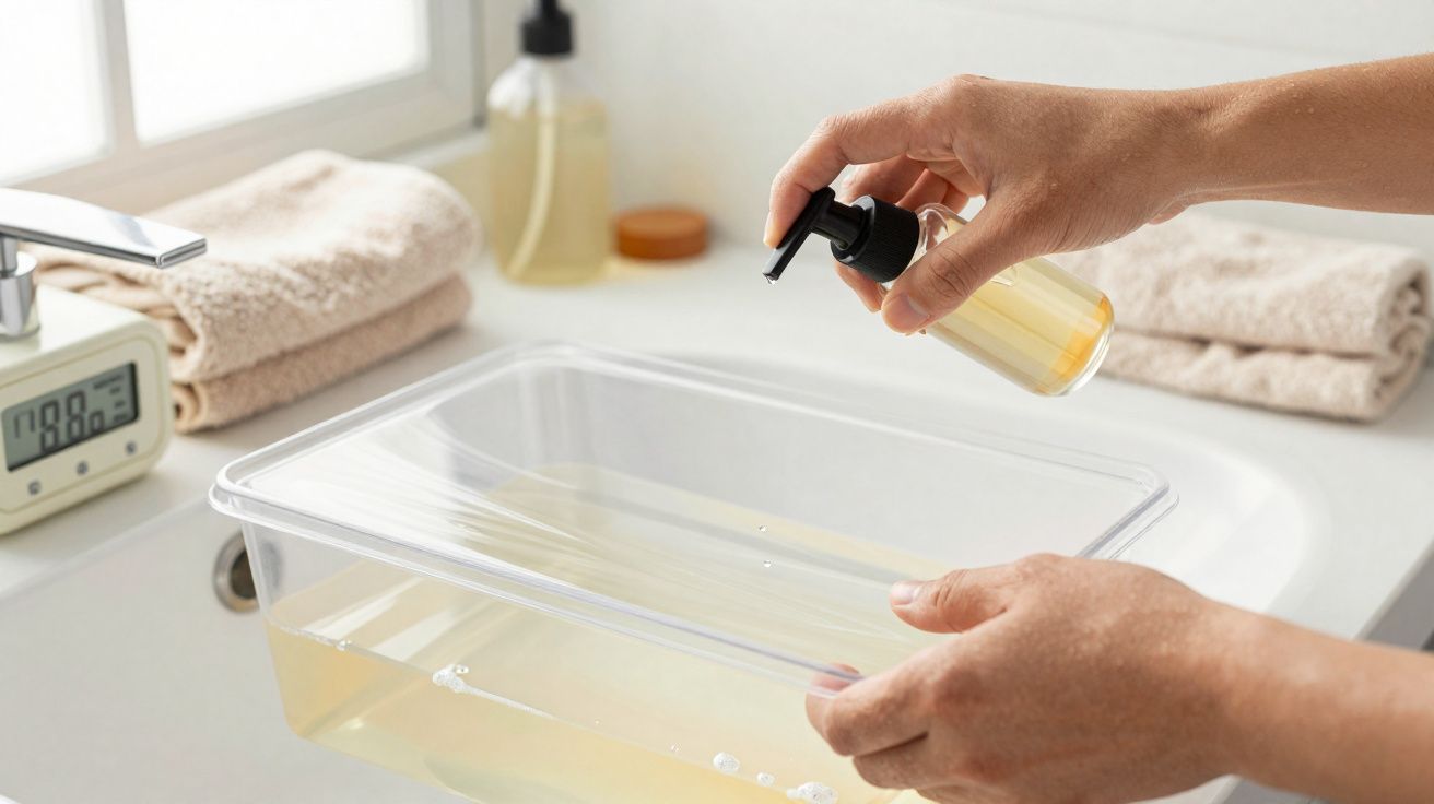 Mãos seguram frasco com dispensador junto de bacia transparente com líquido, toalhas e termómetro digital numa casa de banho.