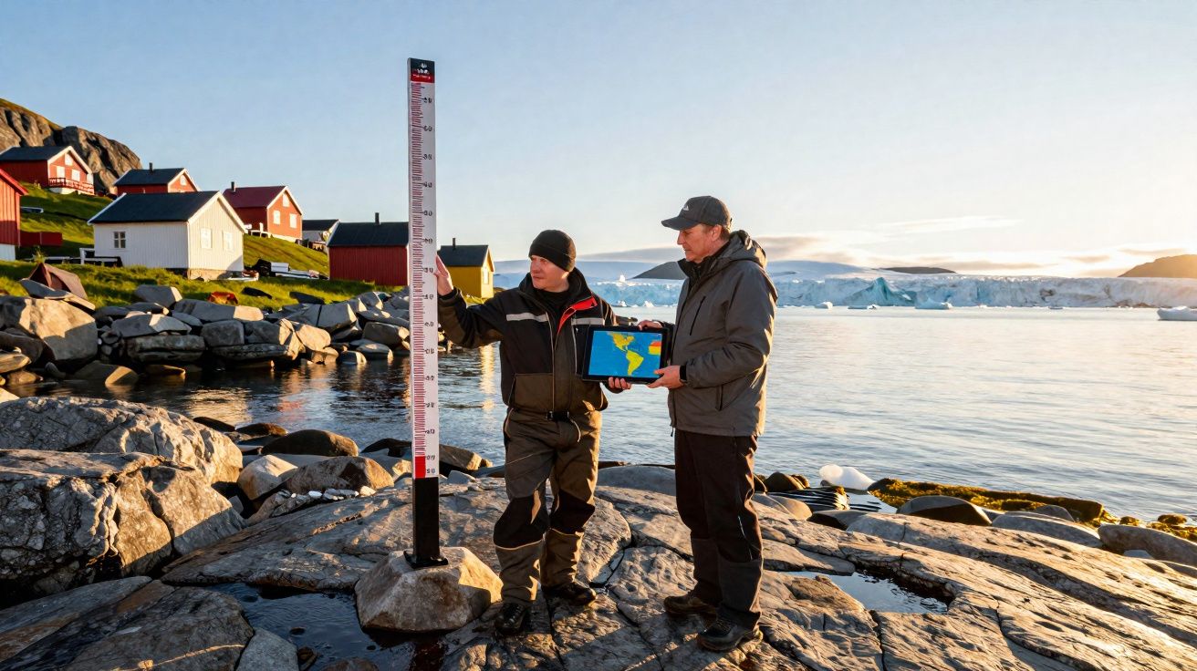 Duas pessoas em roupa de frio medem nível da água junto a pedras, casas vermelhas e gelo na costa ao pôr do sol.