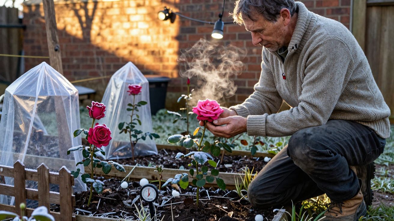 Homem agachado cuida de uma rosa num jardim com geada e estufas improvisadas.