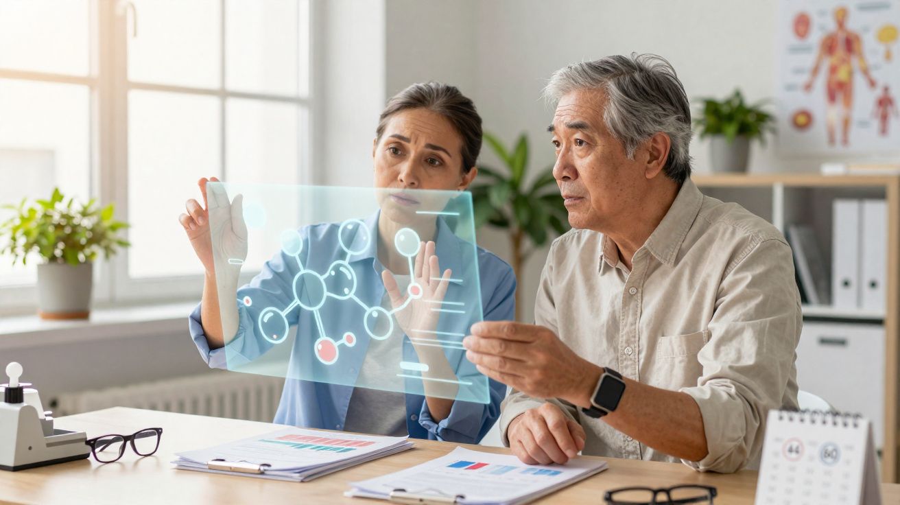 Doutora e paciente sénior a analisar holograma com moléculas num consultório médico moderno.