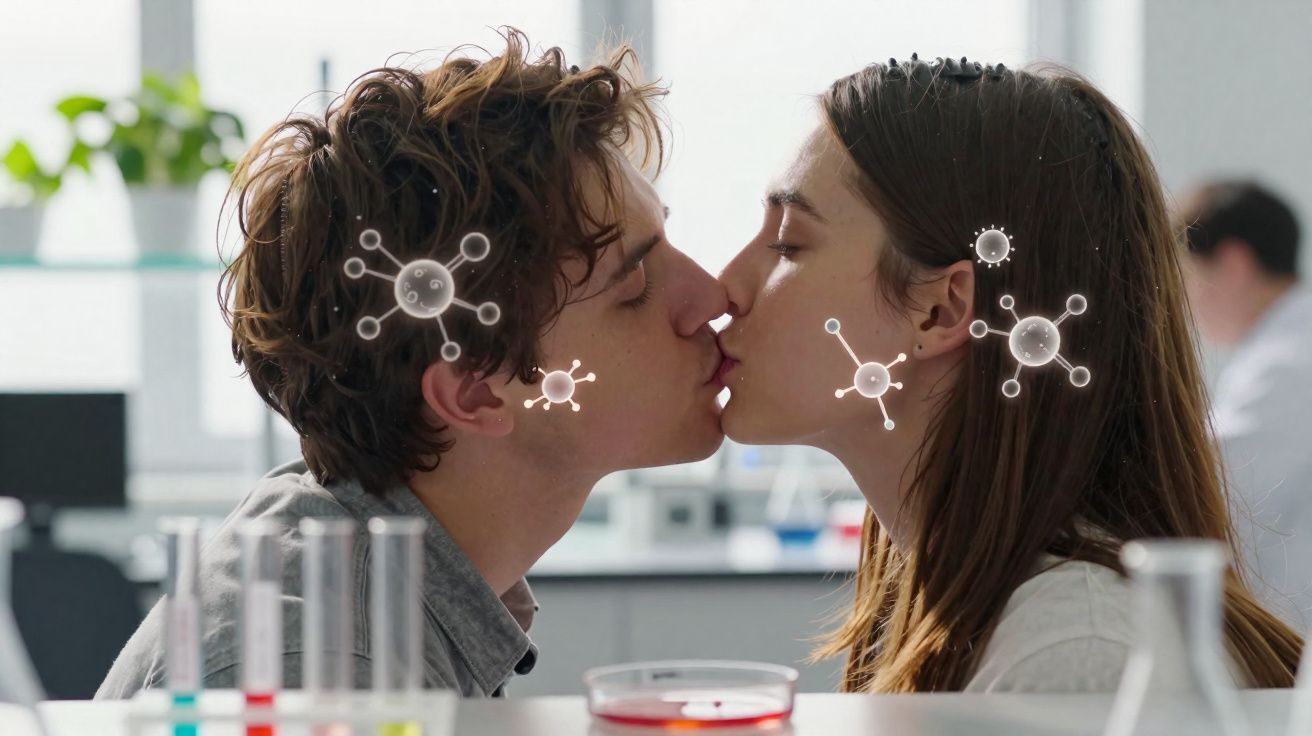 Casal jovem beija-se num laboratório com ilustrações de vírus ao redor, sugerindo contágio.