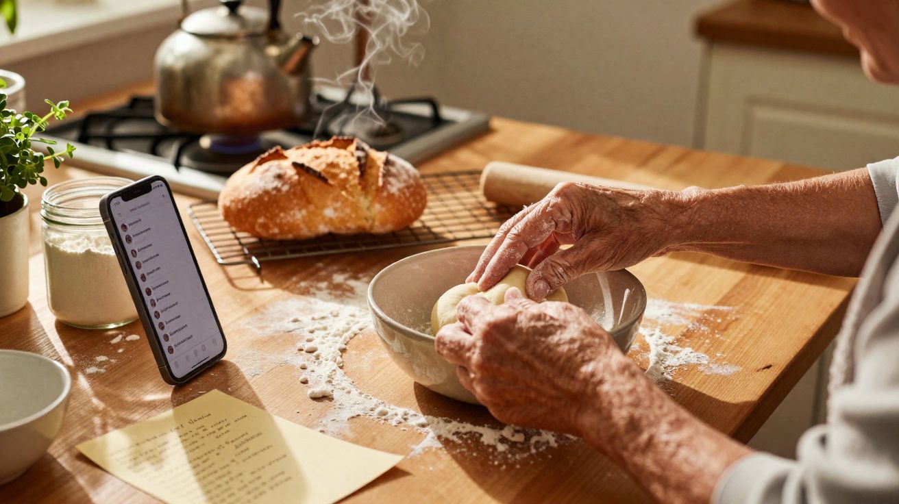 Mãos enrolando massa numa taça numa cozinha com pão, smartphone e papel com receita numa mesa de madeira.