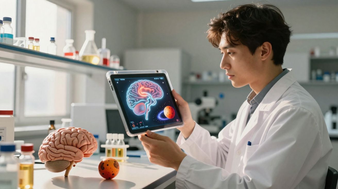 Cientista em laboratório observa imagem digital do cérebro num tablet, com modelo cerebral na mesa ao lado.