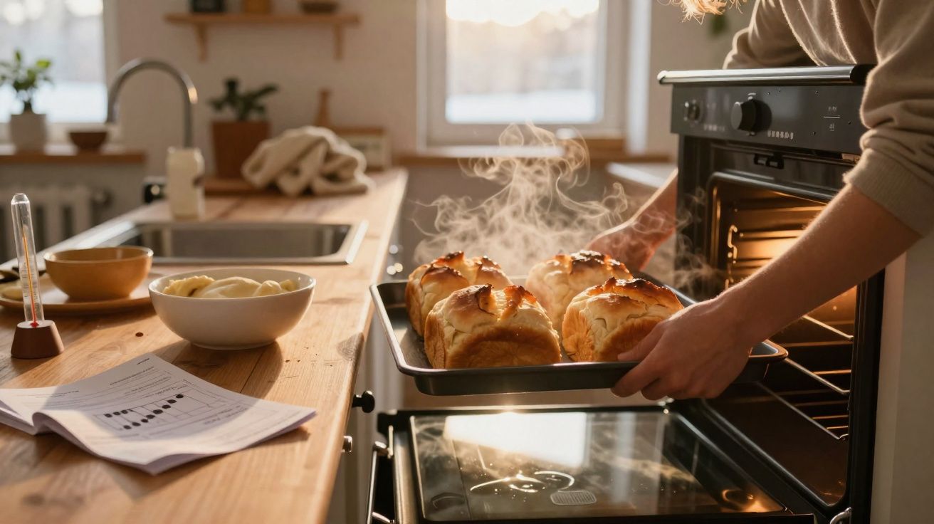 Pessoa a retirar pão quente e fumegante do forno numa cozinha com luz natural.