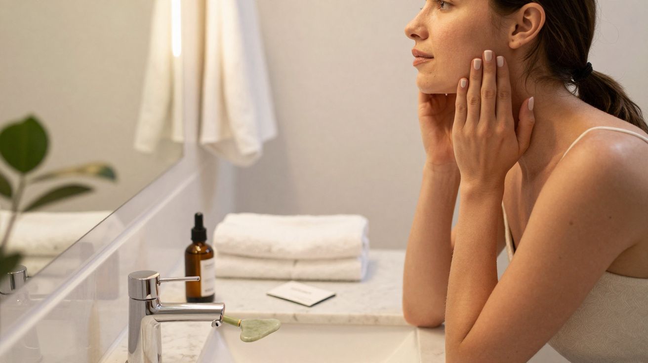 Mulher a cuidar da pele no lavatório de casa, com toalhas e produtos de beleza ao fundo.