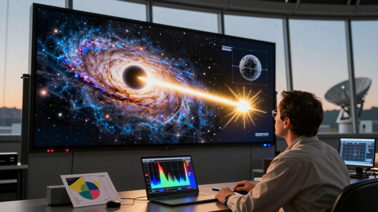 Homem a analisar imagem digital de buraco negro a emitir raio luminoso numa sala de controlo tecnológica.
