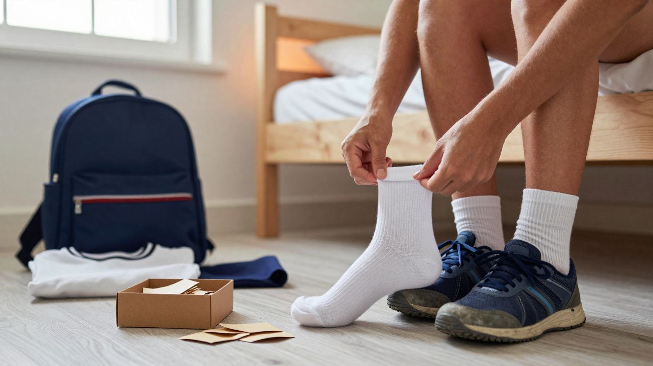 Pessoa a calçar meias brancas sentada na cama, com mochila azul e roupa dobrada no chão.