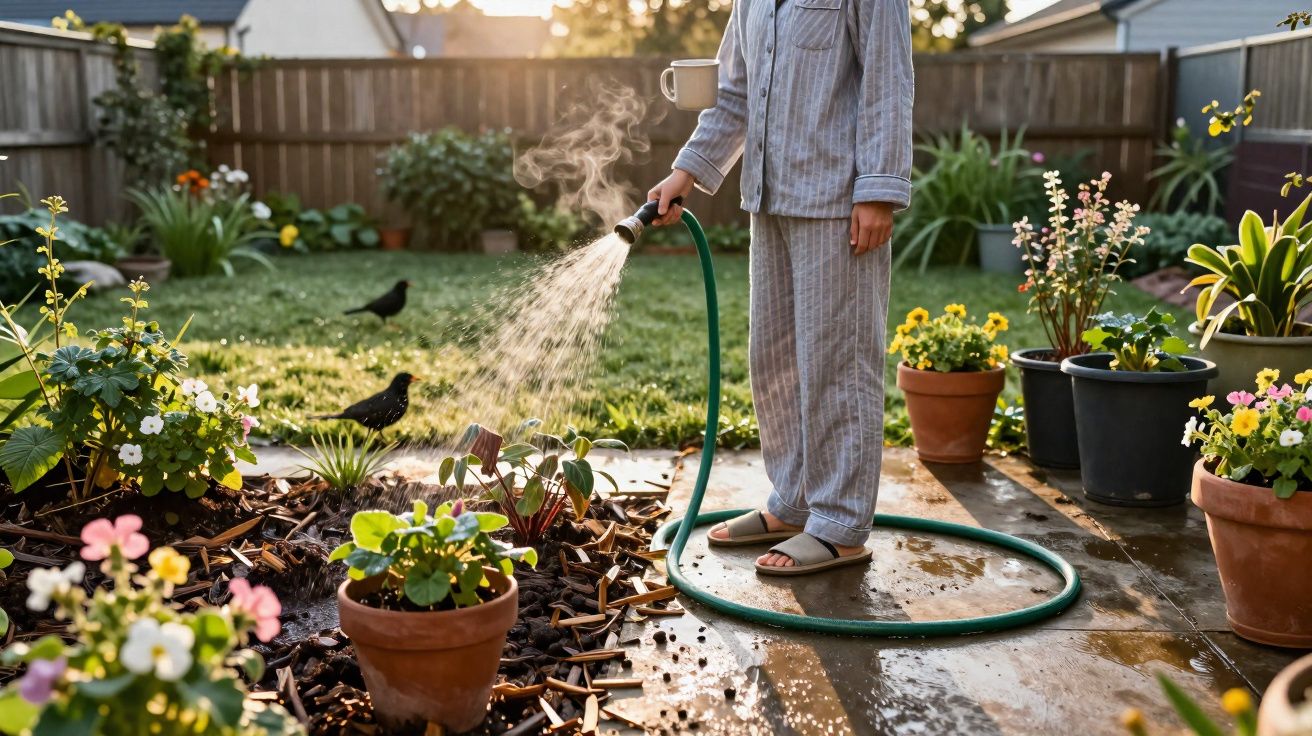Pessoa de pijama a regar plantas num jardim ao entardecer segurando caneca enquanto pulveriza com mangueira.