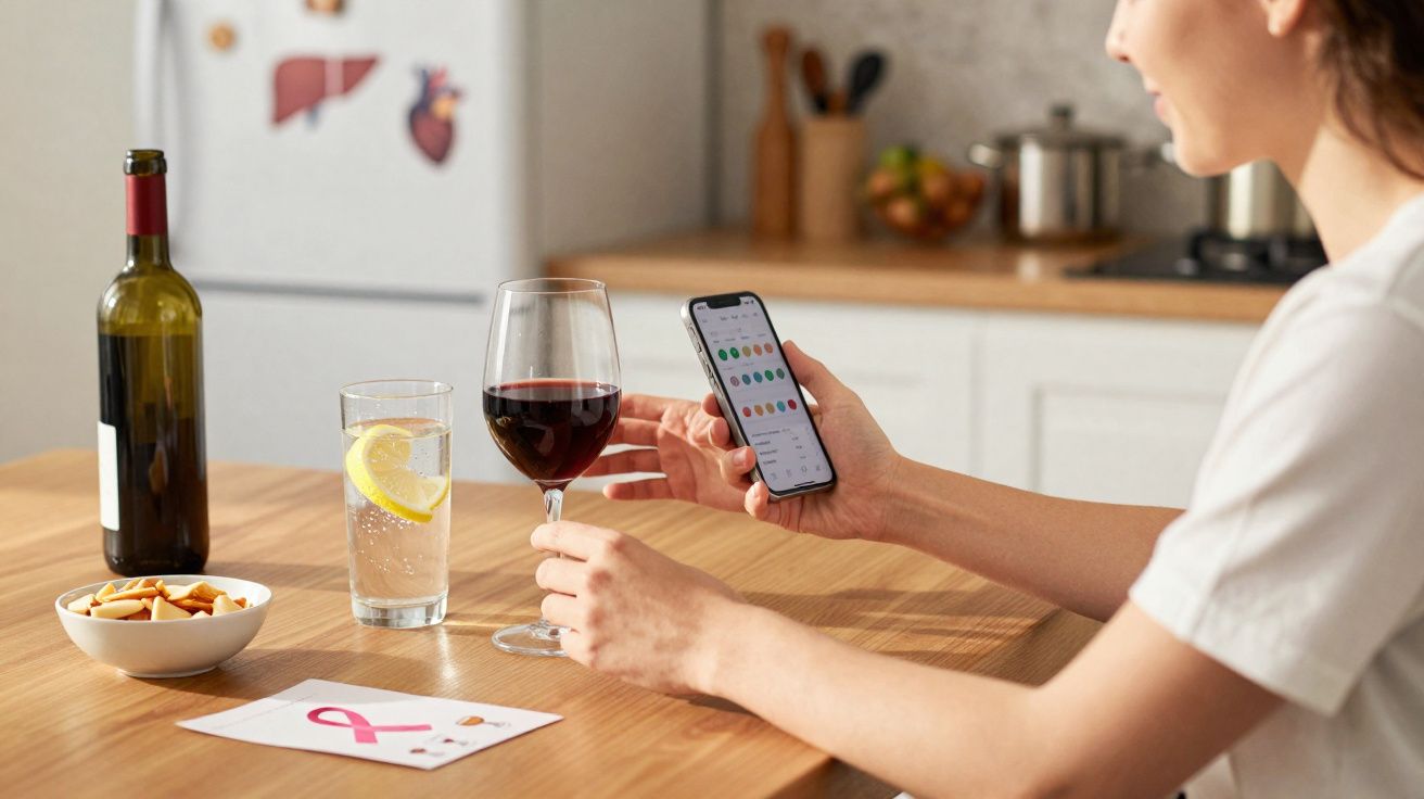 Pessoa segurando copo de vinho tinto e telemóvel, sentada à mesa com garrafa, copo de água e bowl de petiscos.