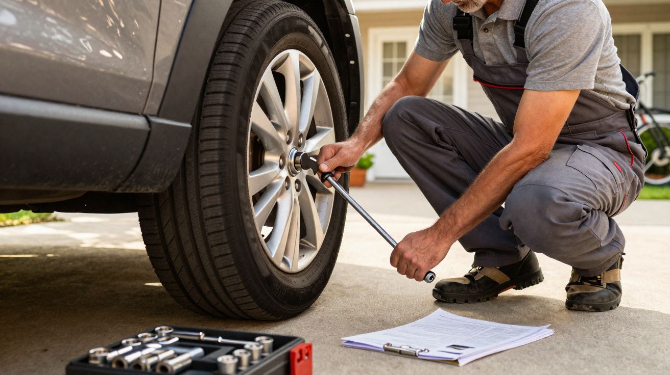 Homem a apertar os parafusos de uma roda de carro com uma chave de roda numa garagem ao ar livre.