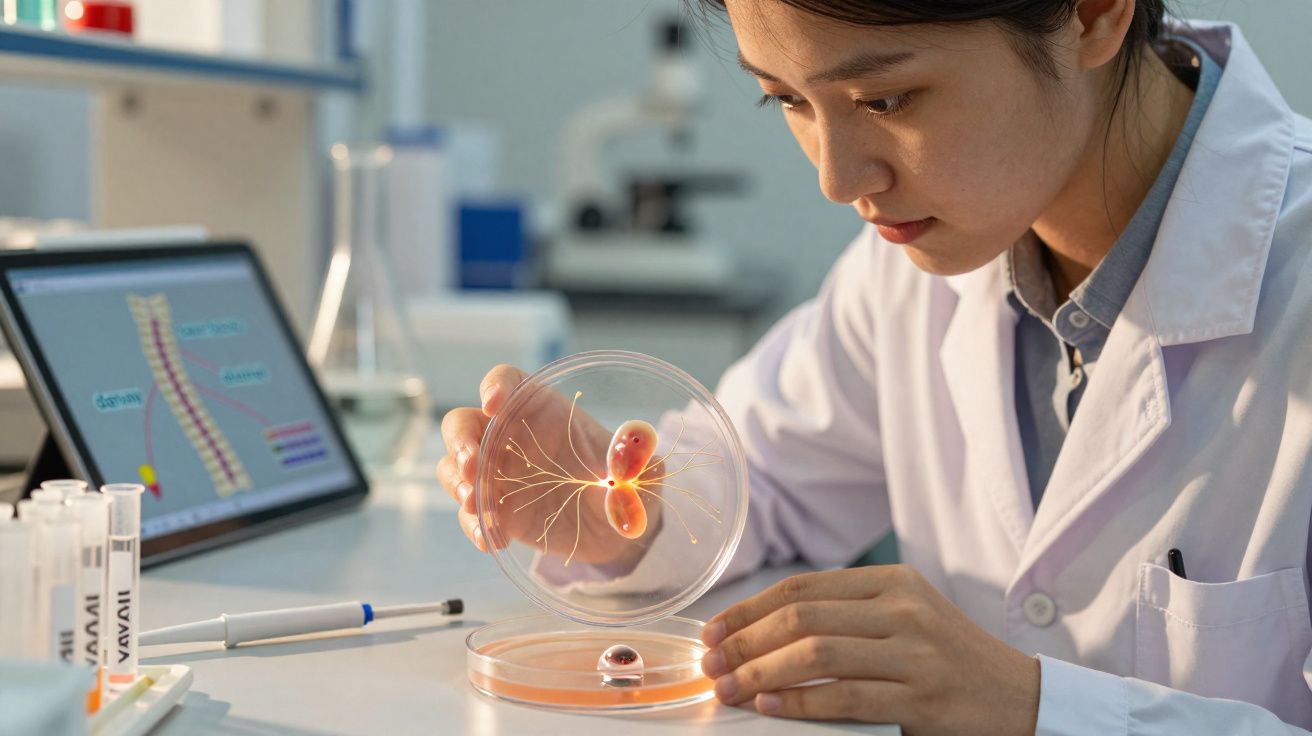 Cientista em laboratório a observar modelo anatómico 3D de sistema nervoso e coluna vertebral.