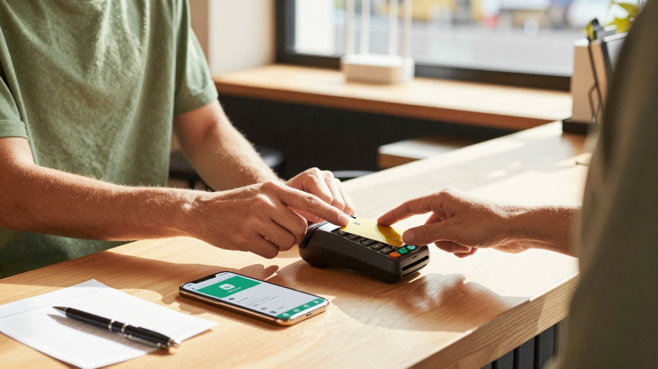 Pessoa a pagar com cartão contactless em terminal enquanto está sentado à secretária com telemóvel e caneta.