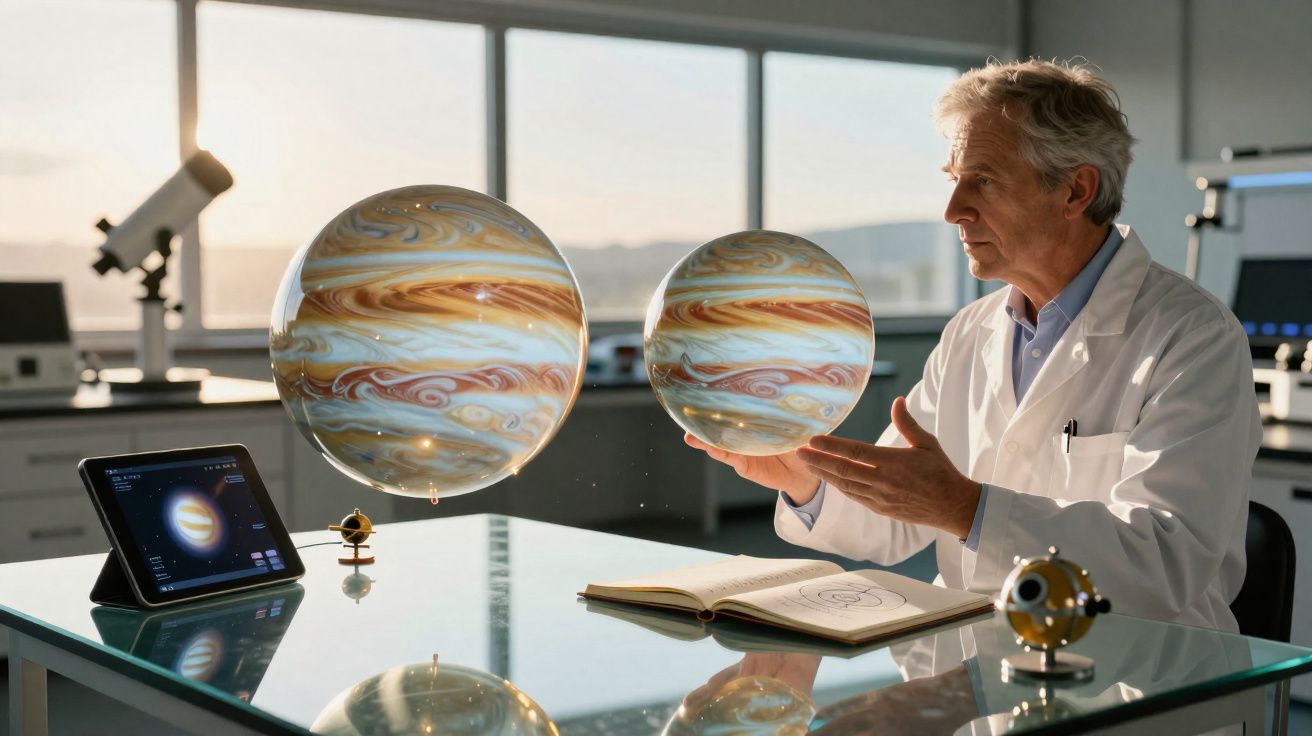 Cientista observa hologramas de planetas gasosos sobre mesa de vidro num laboratório moderno.