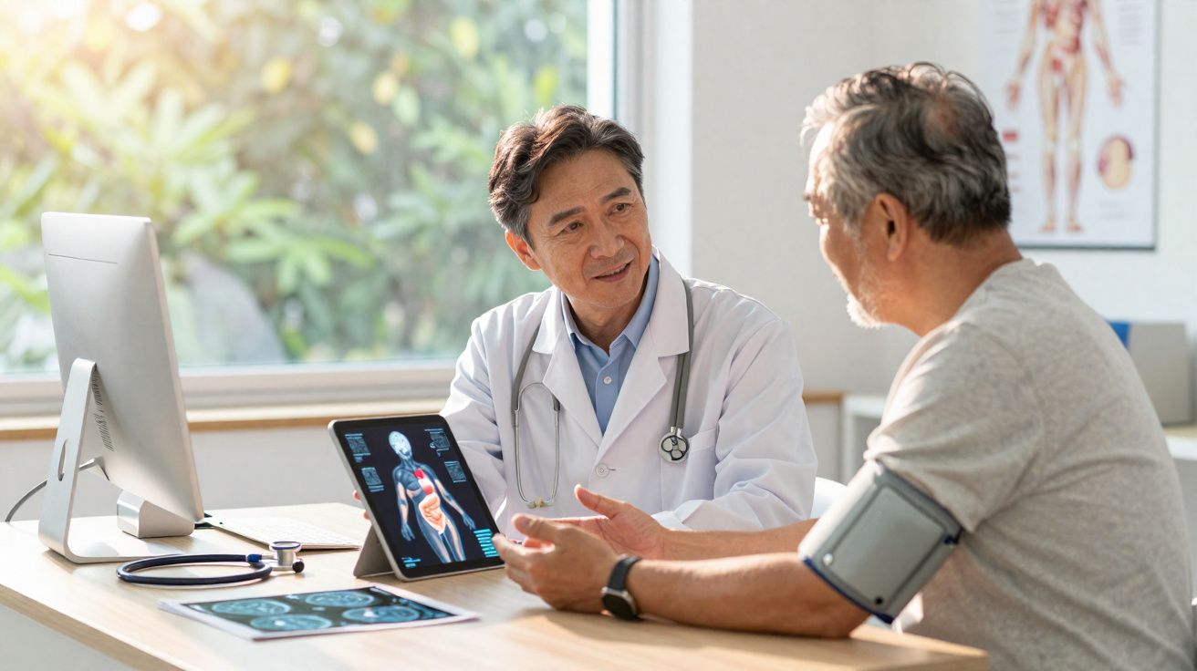 Médico consulta paciente idoso enquanto analisa exames de imagens corporais num tablet e computador.