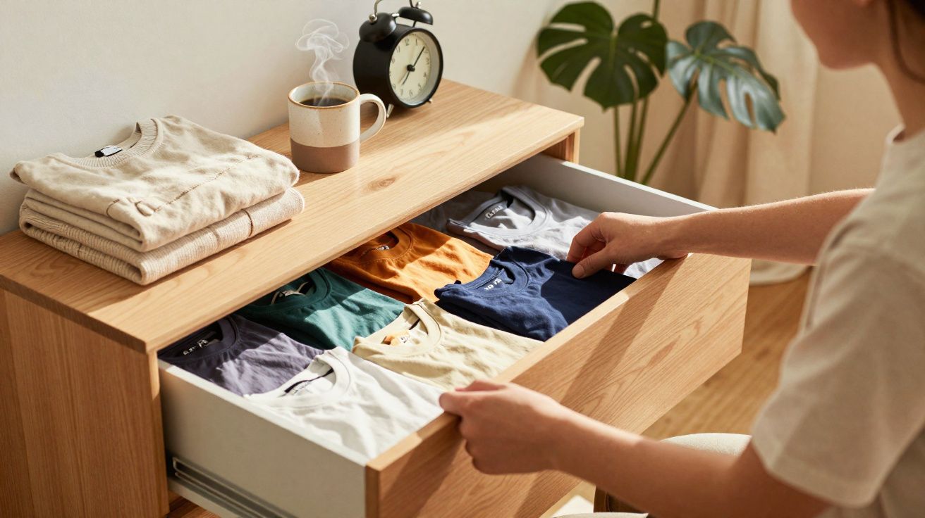 Pessoa organizando t-shirts coloridas numa gaveta de madeira, com relógio, café e roupa empilhada em cima.