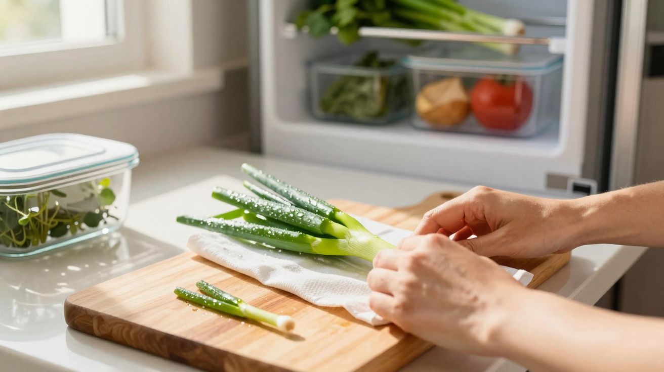 Mãos a secar cebolinhas frescas com toalha num tábua de cortar, com frigorífico aberto ao fundo.