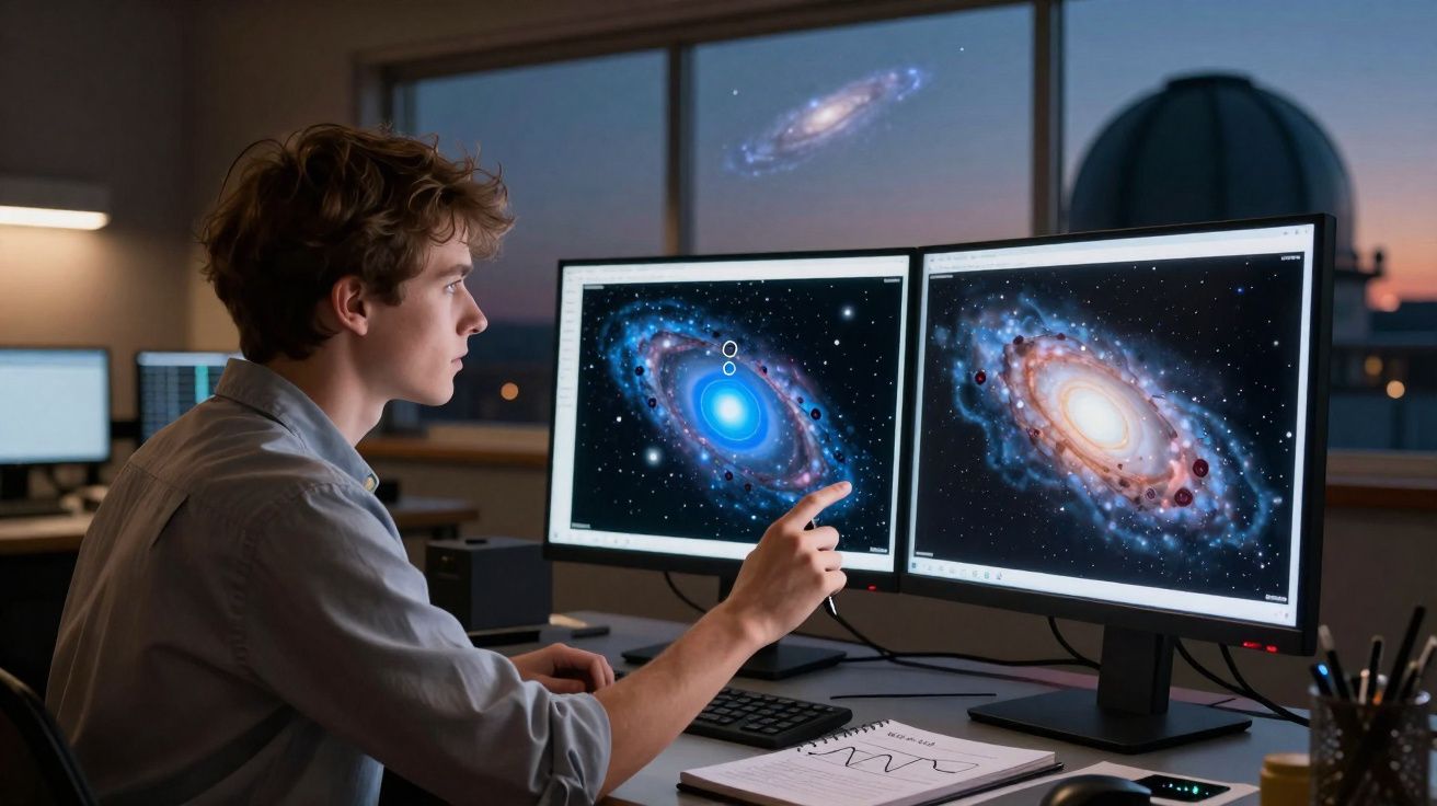 Jovem cientista observa e aponta para imagens de galáxias em ecrãs num laboratório com janela e telescópio ao fundo.