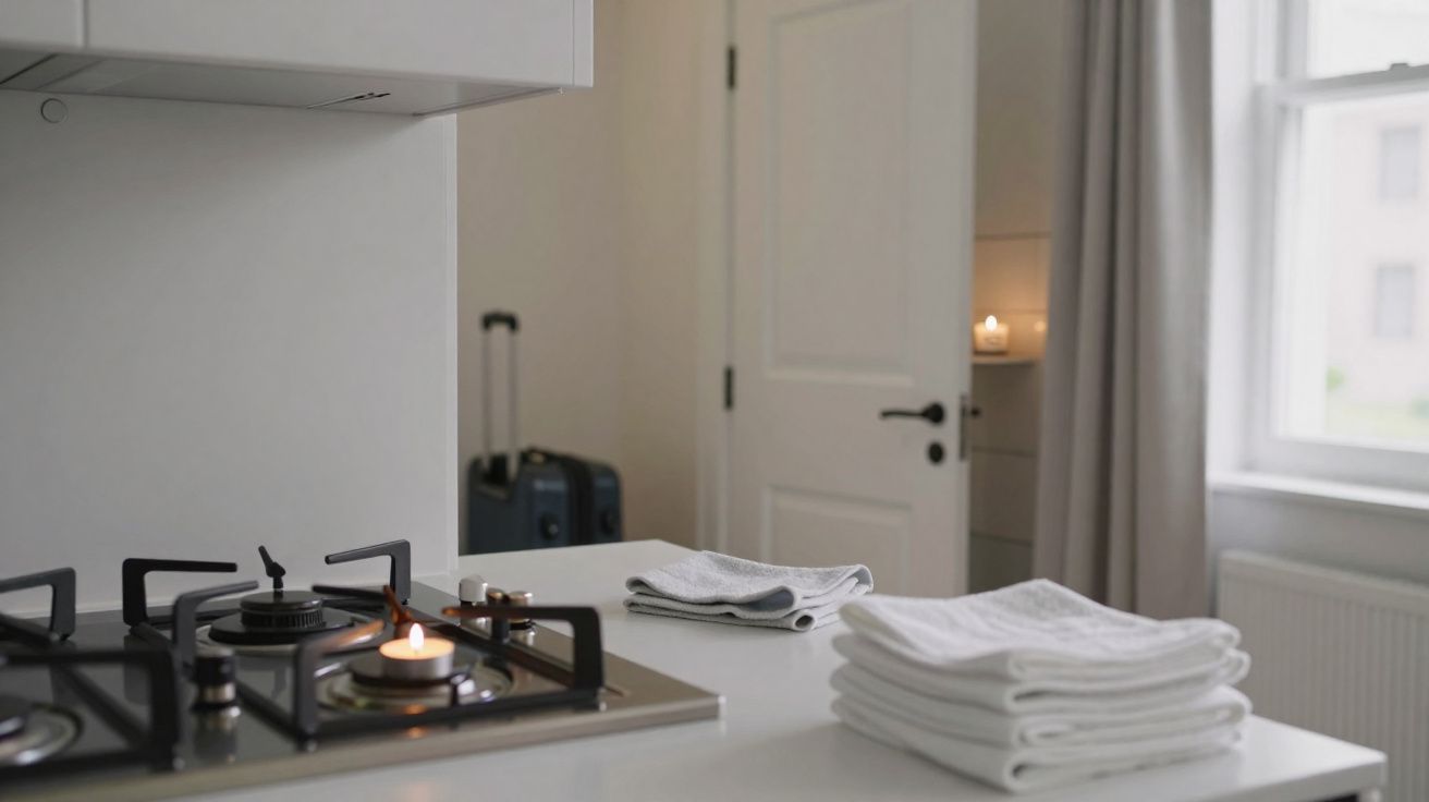 Cozinha minimalista com fogão a gás aceso, toalhas empilhadas, janela com cortinas e porta aberta com mala visível.