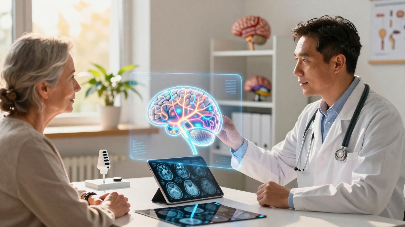 Médico explica a paciente a estrutura do cérebro usando imagem digital e exames neurológicos numa consulta.