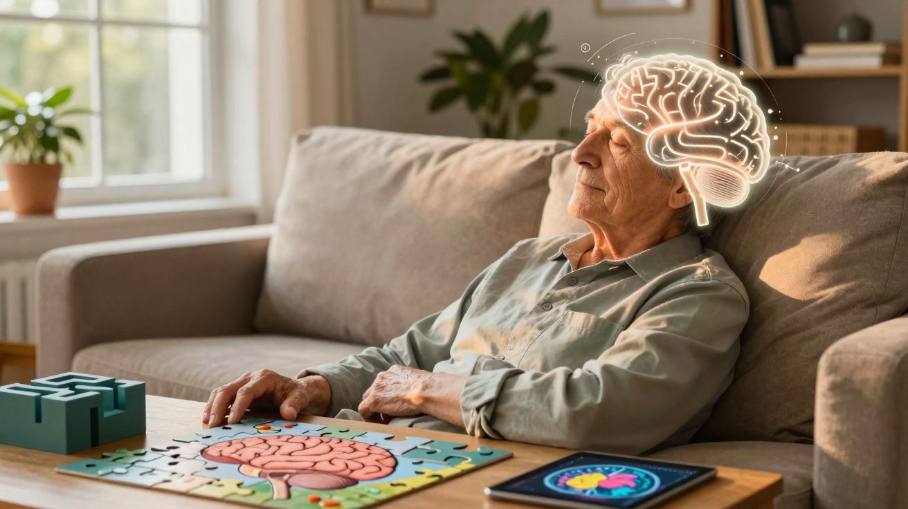 Idoso sentado no sofá com olhos fechados junto a um puzzle de cérebro e uma ilustração digital cerebral.