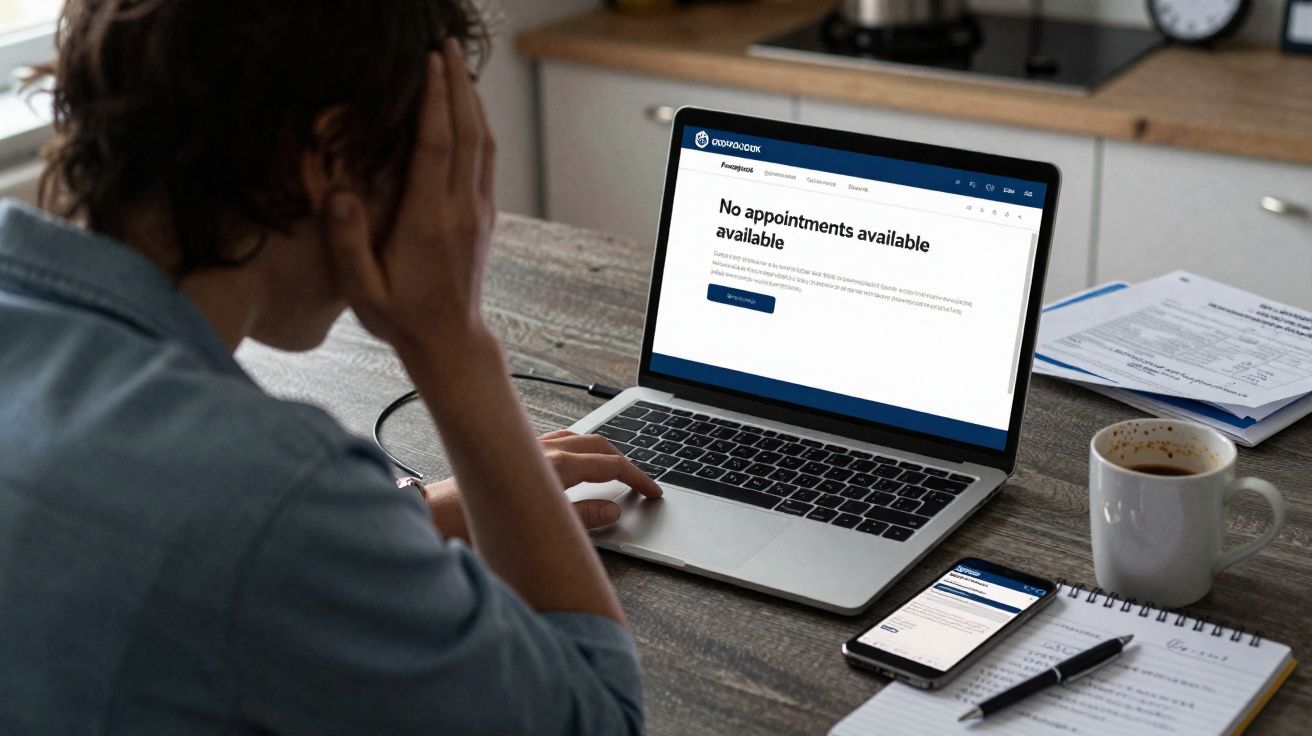 Pessoa com dúvida ou frustração ao ver no computador que não há marcações disponíveis numa plataforma online.