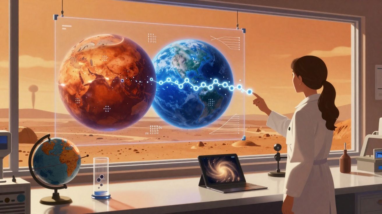 Cientista mulher interage com holograma dos planetas Marte e Terra num laboratório futurista em Marte.