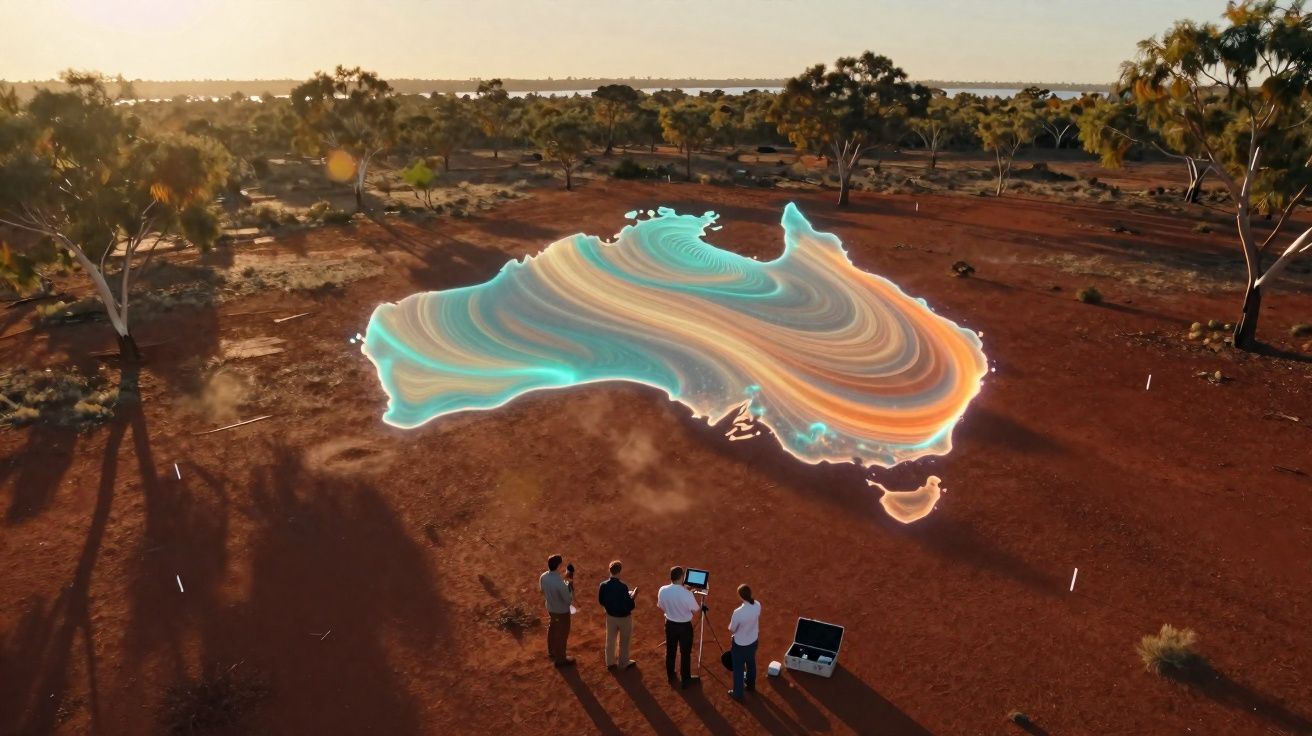 Cinco pessoas observam mapa digital iluminado da Austrália numa paisagem árida com árvores ao pôr do sol.