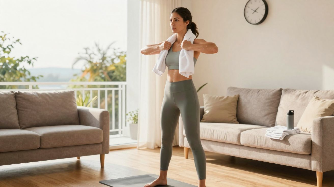 Mulher em roupa de desporto seca o suor com toalha numa sala de estar luminosa após exercício.