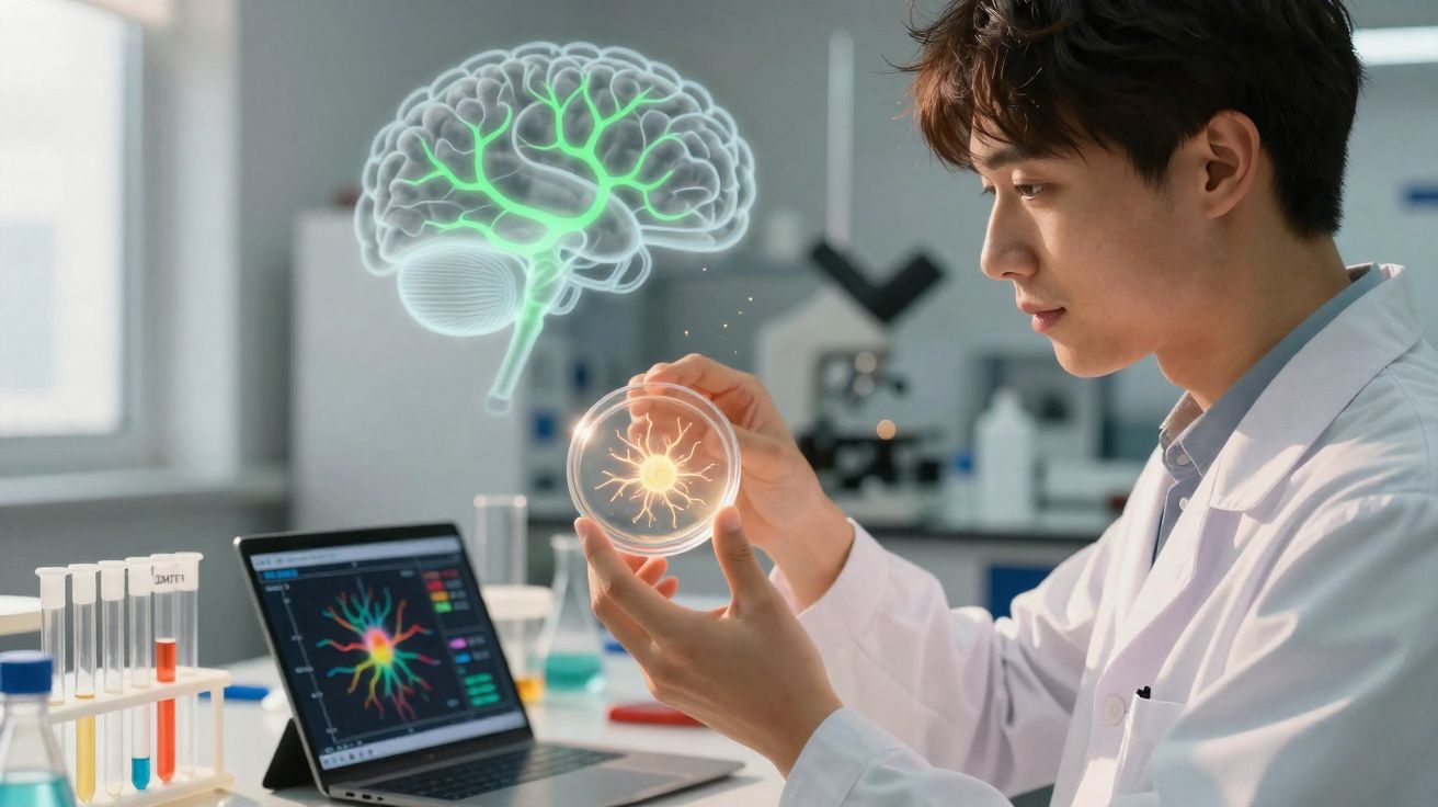 Cientista em laboratório analisa célula neural em placa de Petri com cérebro digital projetado ao fundo.