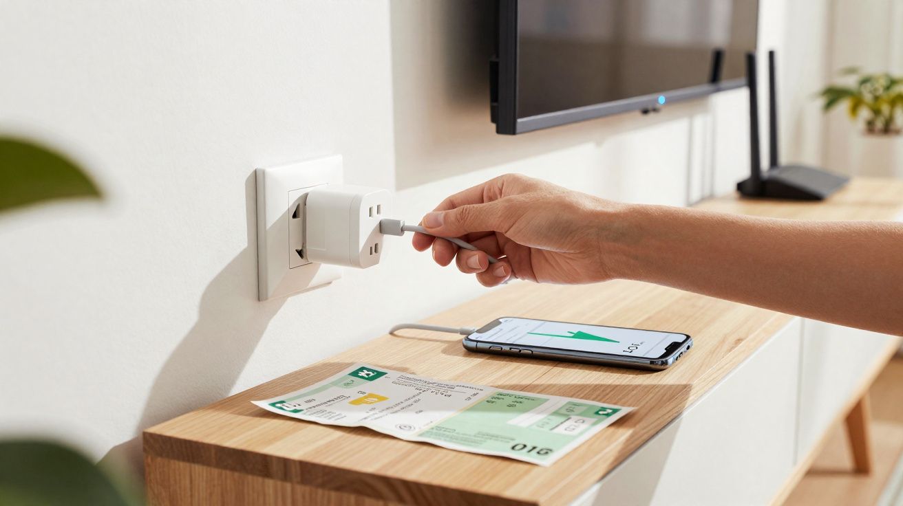 Mão a ligar cabo USB a tomada com carregador, telefone e bilhetes de avião sobre móvel de madeira.