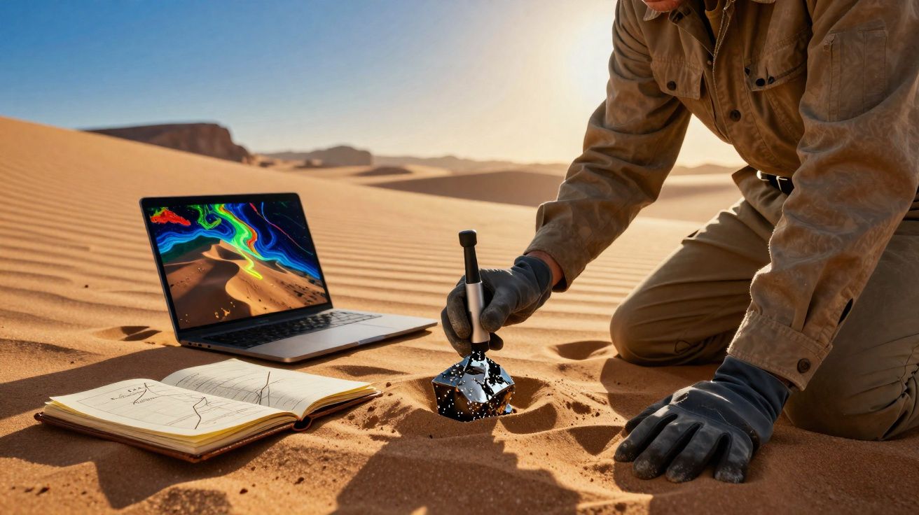 Pessoa a recolher amostra de areia no deserto com computador e caderno aberto ao lado.