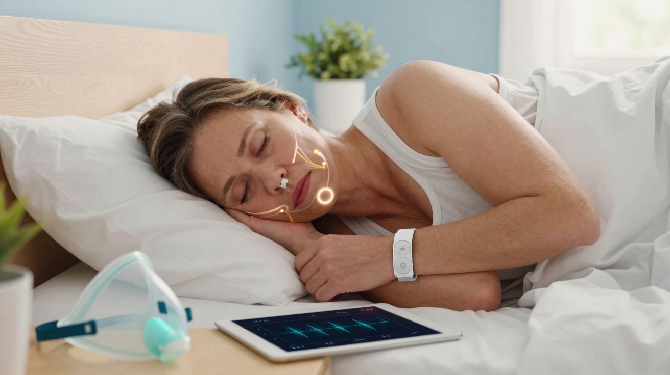 Mulher a dormir com dispositivo monitor de sono facial e relógio inteligente junto a tablet e máscara de oxigénio.