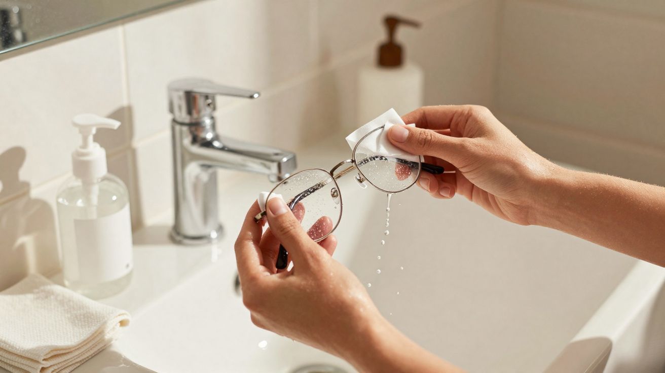 Pessoa a lavar óculos com água num lavatório branco com dispensador de sabão.