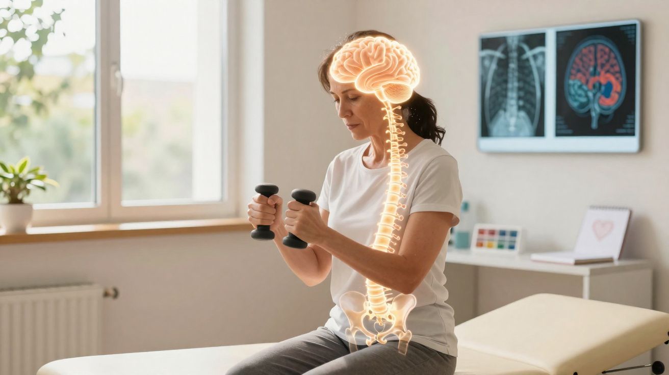 Mulher a fazer exercícios com halteres, destacando cérebro e coluna vertebral em ambiente clínico.