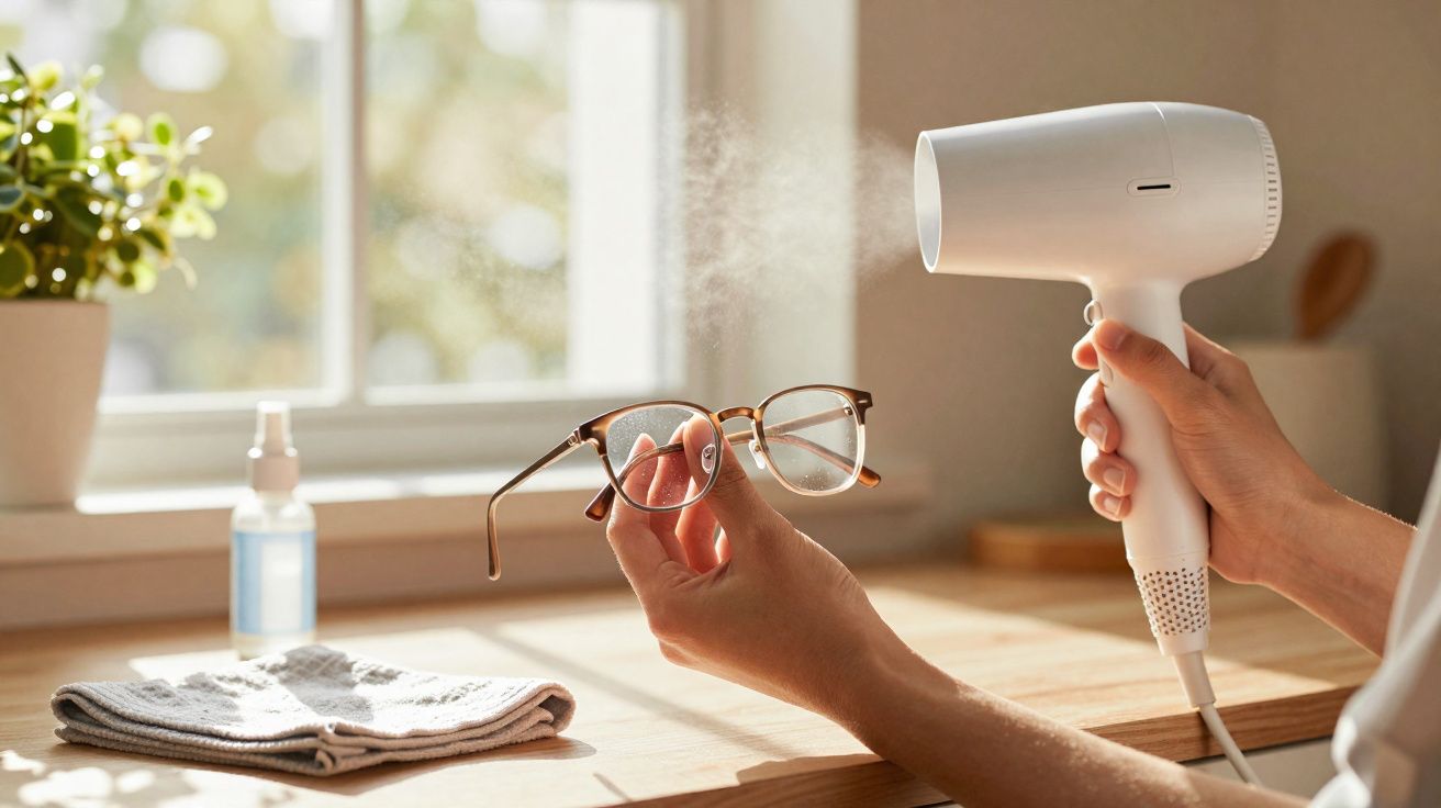 Pessoa a limpar óculos com secador de cabelo num ambiente iluminado por luz natural.