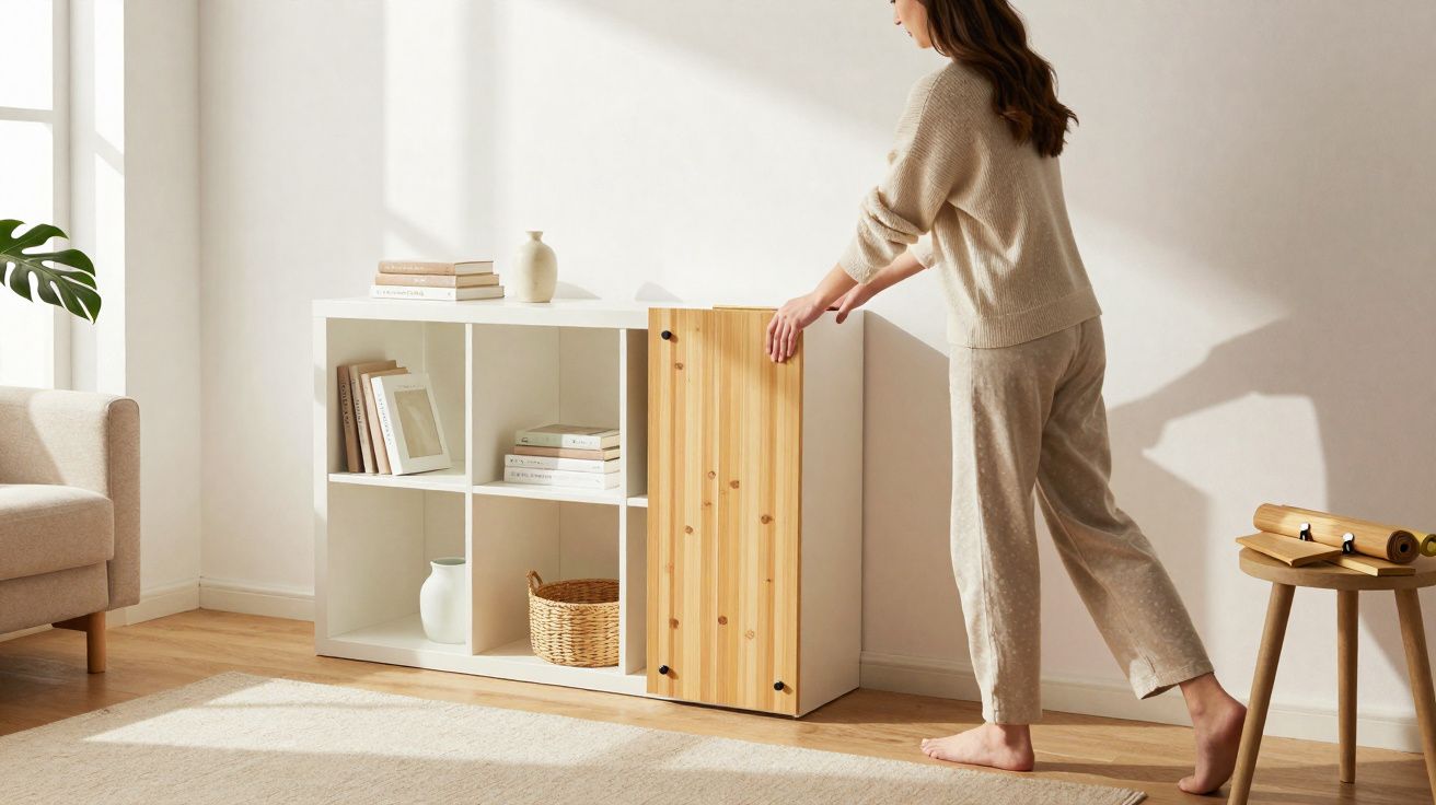 Mulher abre porta de madeira de móvel branco com prateleiras numa sala com decoração minimalista.