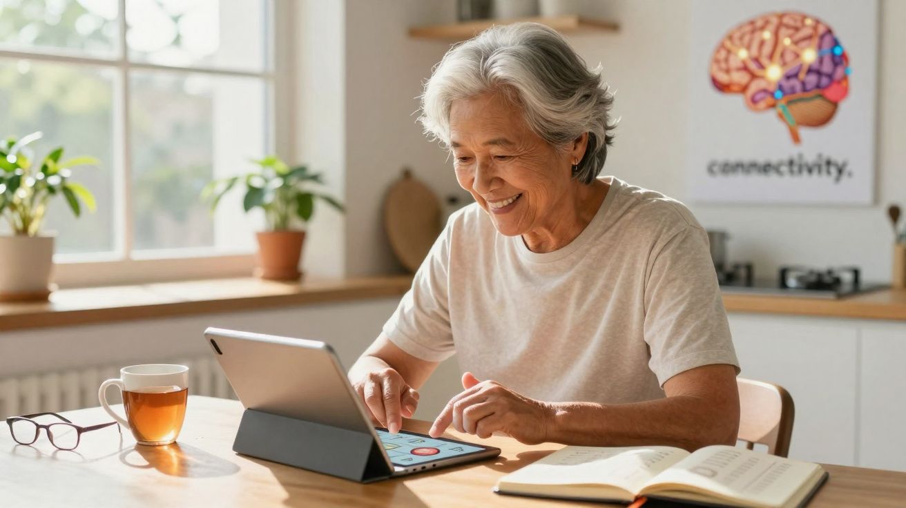 Mulher sénior sorridente usa tablet sentada à mesa com chá, óculos e livro numa cozinha iluminada.