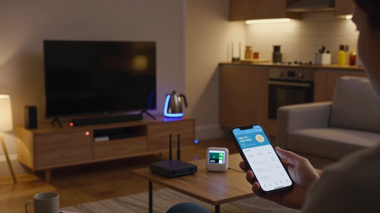 Pessoa segurando smartphone a controlar dispositivos inteligentes numa sala de estar moderna.
