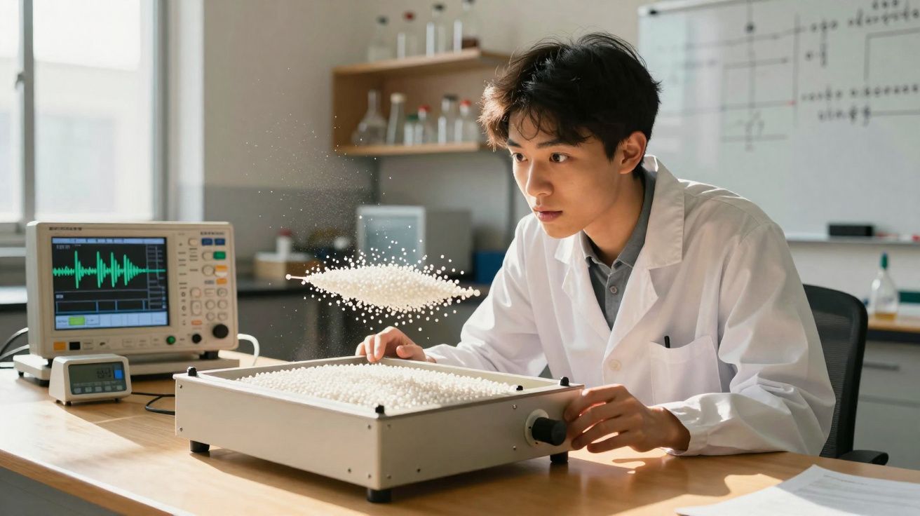 Cientista em bata branca observa partículas flutuando sobre mesa com equipamento tecnológico num laboratório.
