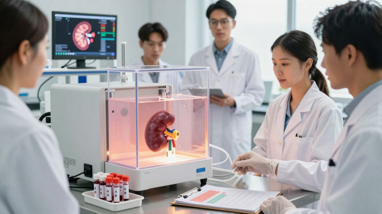 Grupo de médicos em laboratório observando modelo 3D de rim com análise em ecrã digital.