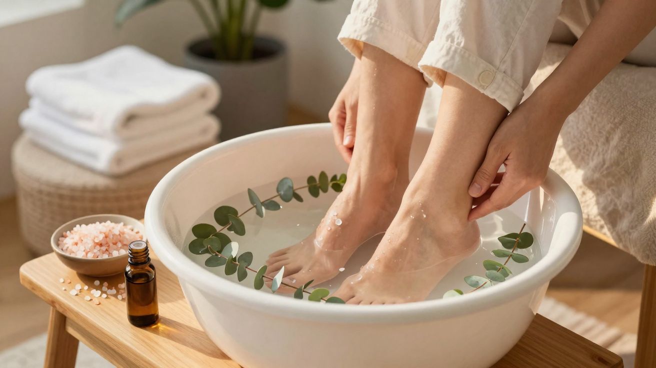 Pessoa a relaxar os pés numa bacia com água, sal grosso e folhas de eucalipto numa ambiente calmo.