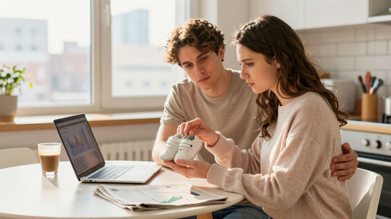 Casal jovem sentado à mesa em casa, analisando ténis de bebé e informações num portátil e jornais.