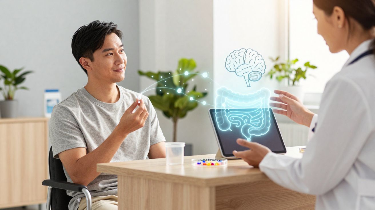 Homem sentado consulta médica sobre saúde intestinal com médica e hologramas do cérebro e intestinos.