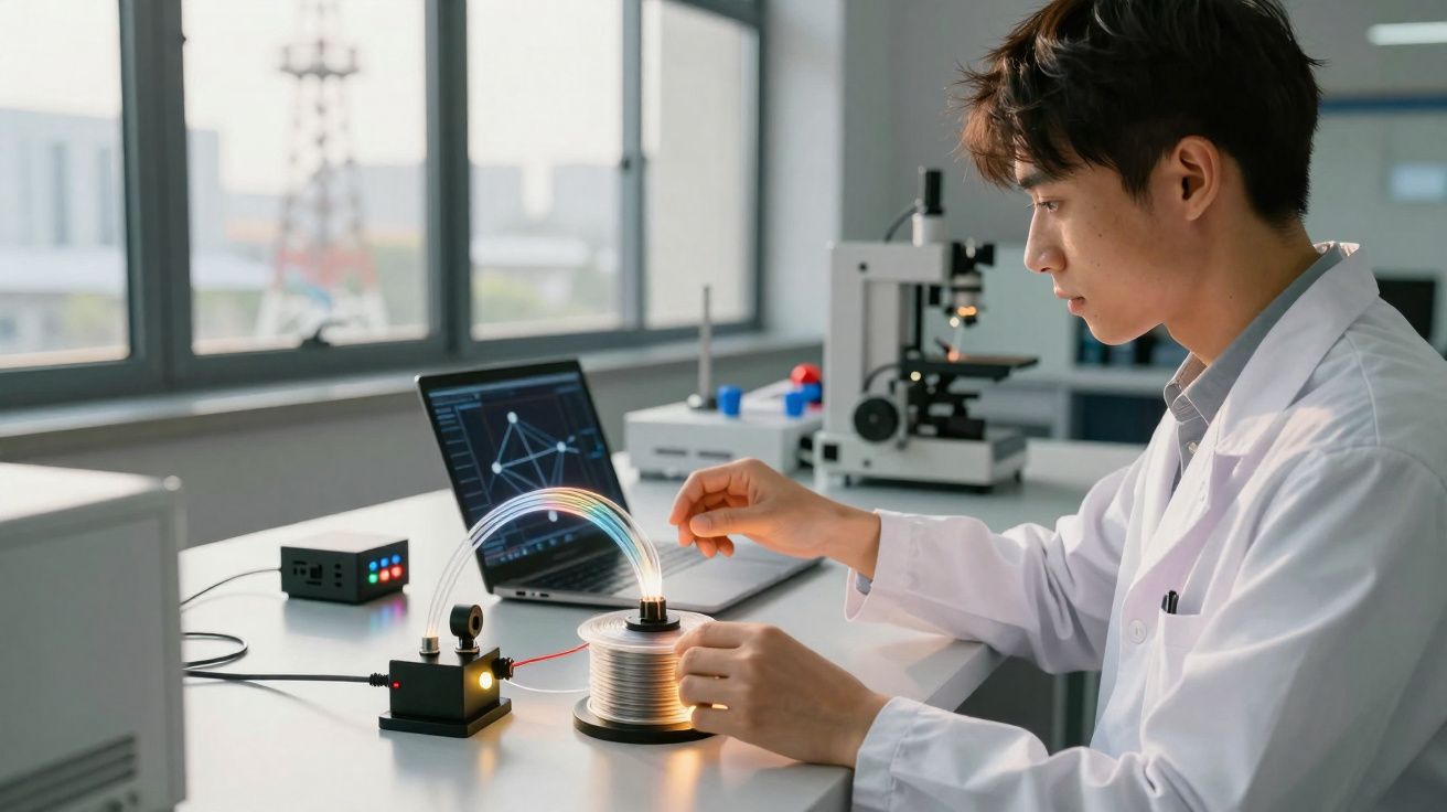 Jovem cientista em bata branca manipula fibra ótica num laboratório tecnológico com computador e microscópio.